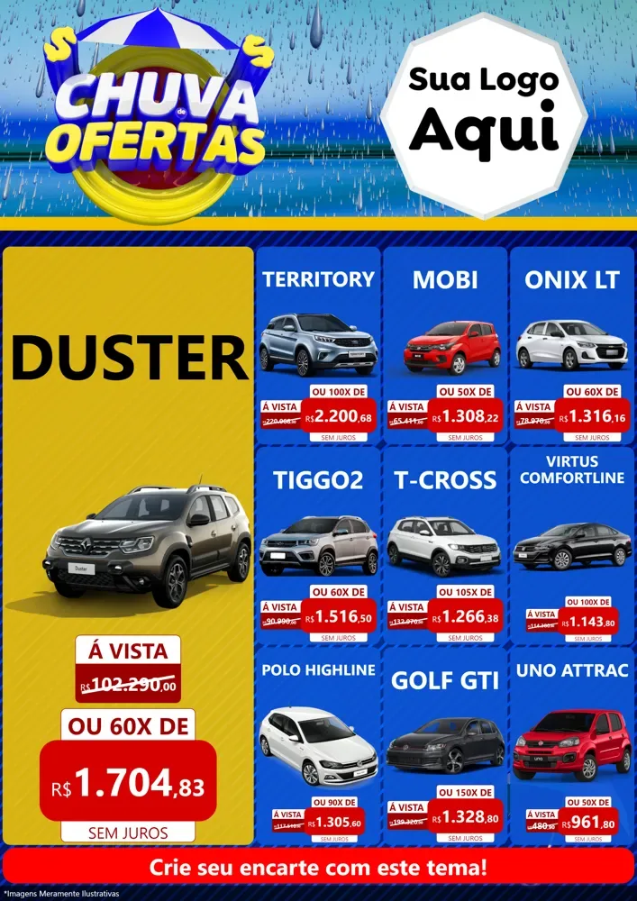 Modelo de Encarte para Encarte A4 Vertical com o tema Chuva de Ofertas para Concessionaria de Carros