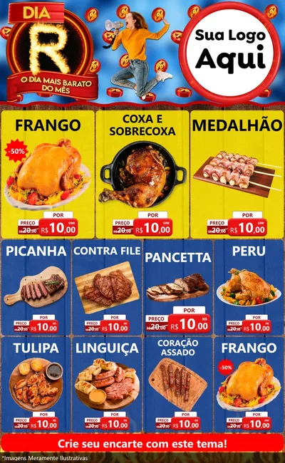 Modelo de Encarte para Encarte Grande com o tema Dia R - O Dia Mais Barato Do Mês para Assados