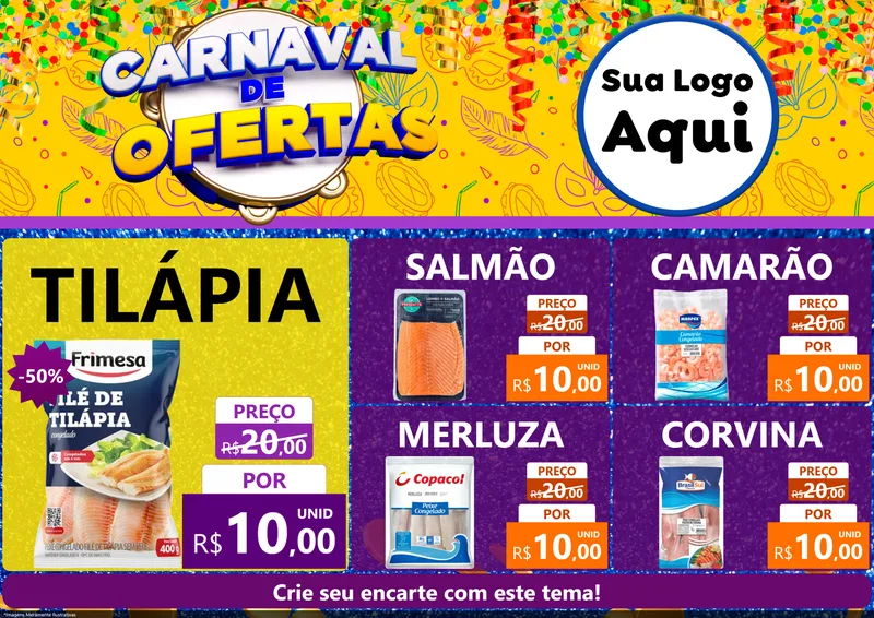 Modelo de Encarte para Encarte A4 Horizontal com o tema Carnaval de Ofertas para Peixaria