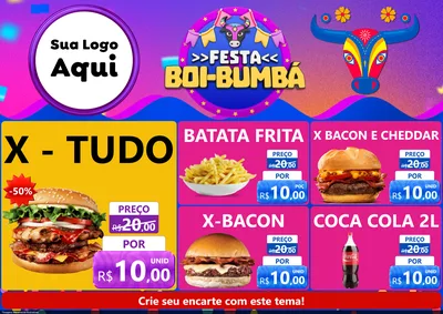 Modelo de Encarte para Encarte A4 Horizontal com o tema Festa Boi-Bumbá para Hamburgueria
