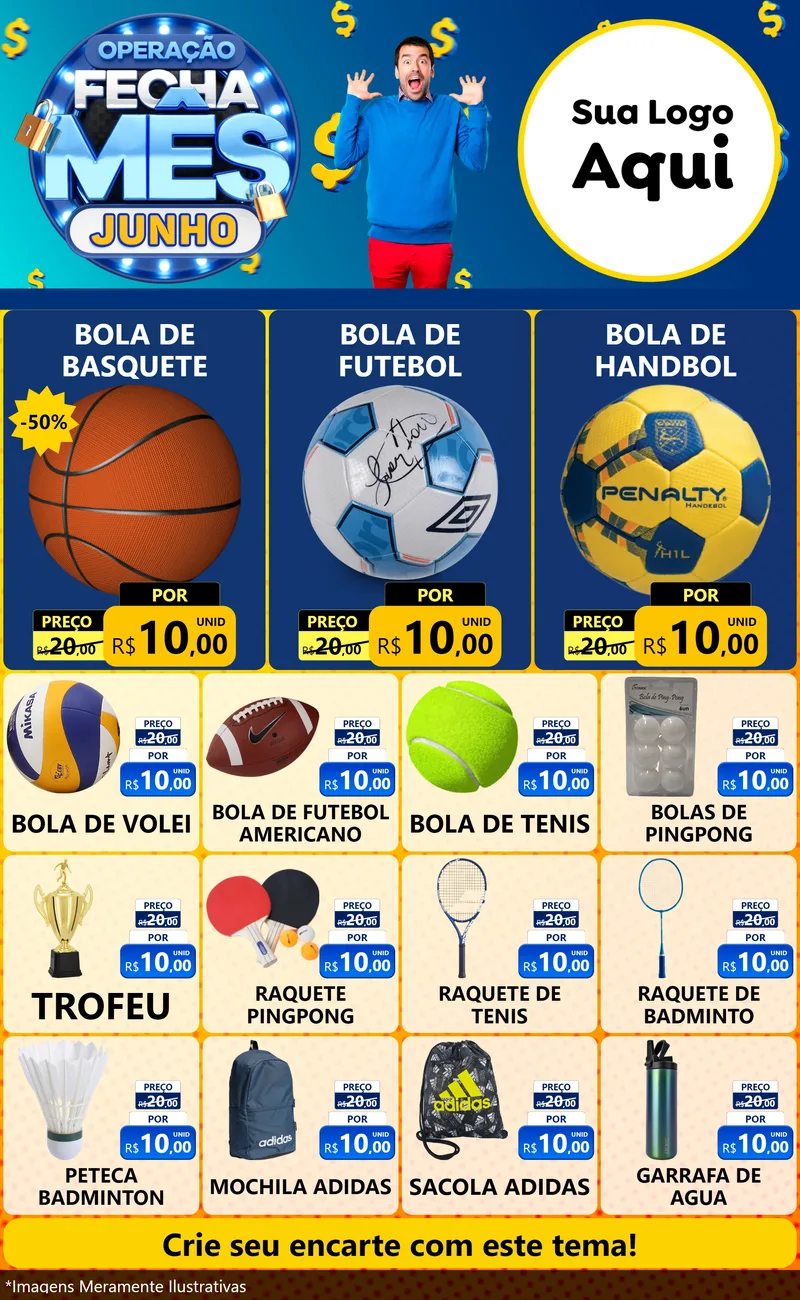 Modelo de Encarte para Encarte Grande com o tema Operação Fecha Mês, Junho para Artigos Esportivos