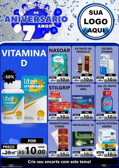 Modelo de Encarte para Encarte A4 Vertical com o tema Promoção de Aniversário - 7 Anos para Farmácia