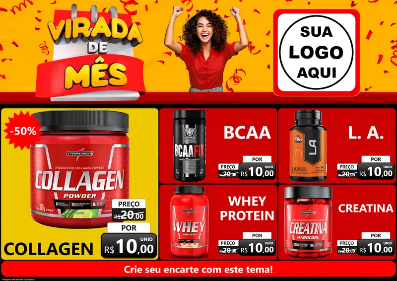 Modelo de Encarte para Encarte A4 Horizontal com o tema Virada de Mês para Suplementos alimentares
