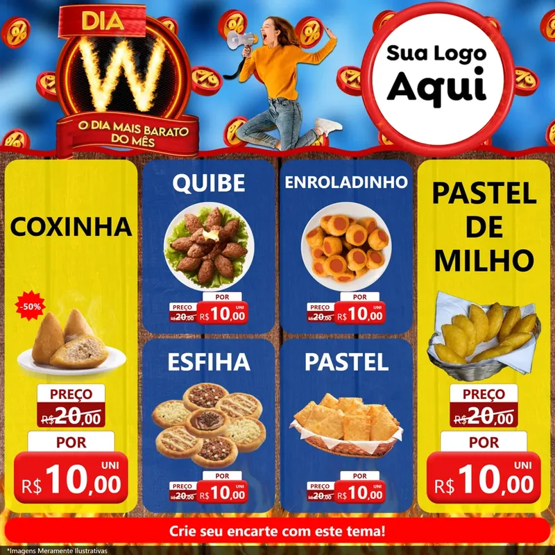 Modelo de Rede Social para Feed Facebook com o tema Dia W - O Dia Mais Barato Do Mês para Salgadaria