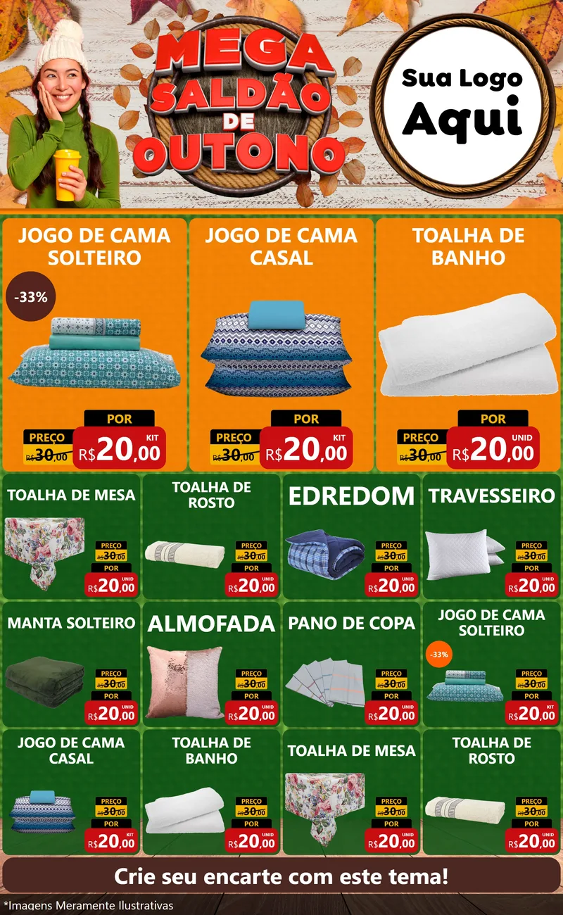 Modelo de Encarte para Encarte Grande com o tema Mega Saldão de Outono para Cama, Mesa e Banho