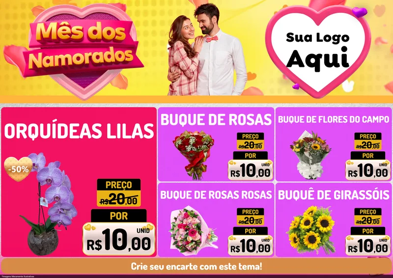 Modelo de Encarte para Encarte A4 Horizontal com o tema Mês dos Namorados para Floricultura e jardim