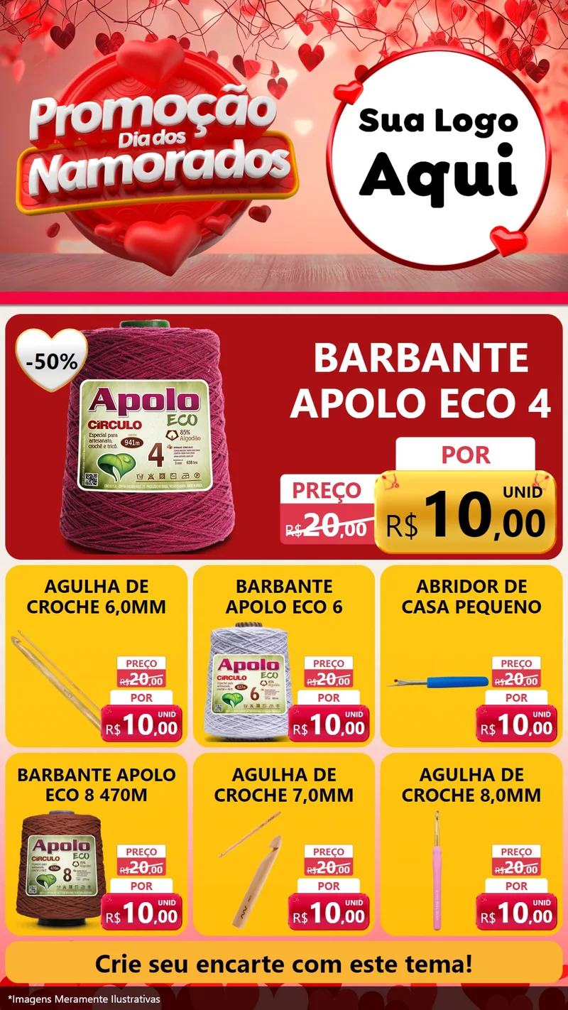 Modelo de Rede Social para Stories com o tema Promoção Dia dos Namorados para Armarinho e Aviamentos