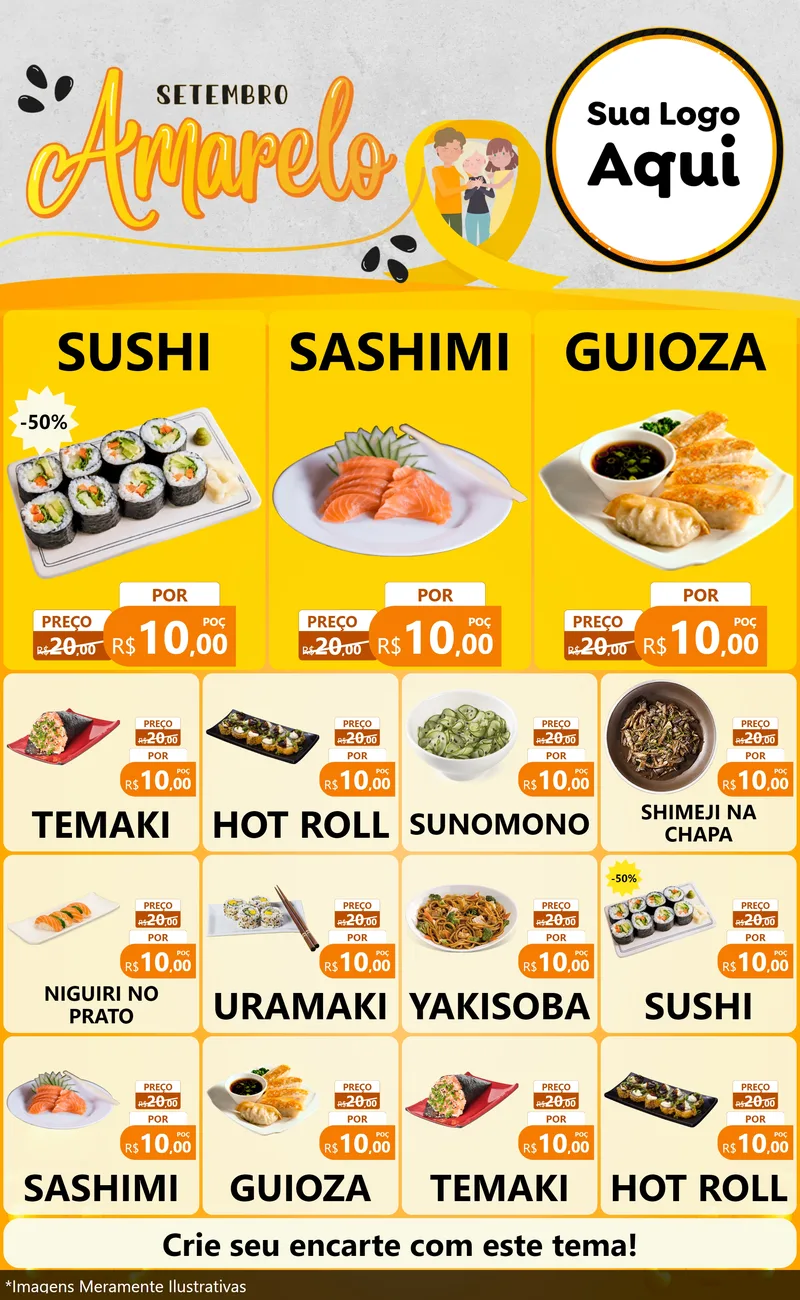 Modelo de Encarte para Encarte Grande com o tema Setembro Amarelo para Comida japonesa