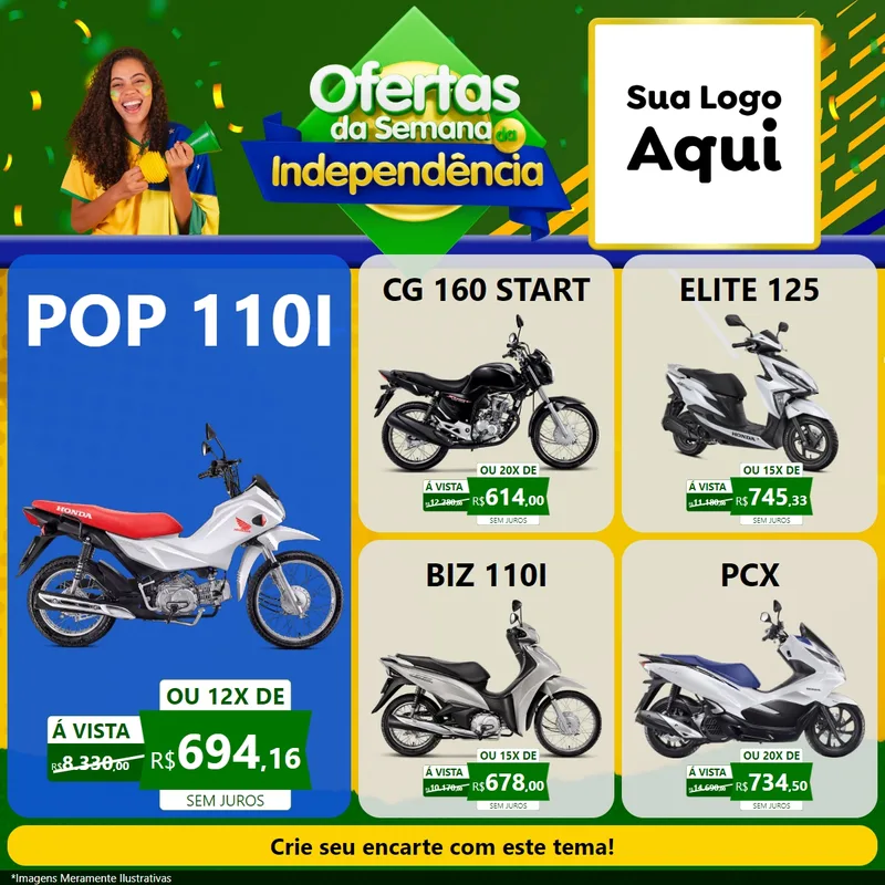 Modelo de Rede Social para Feed Facebook com o tema Ofertas da Semana da Independência para Concessionaria de Motos