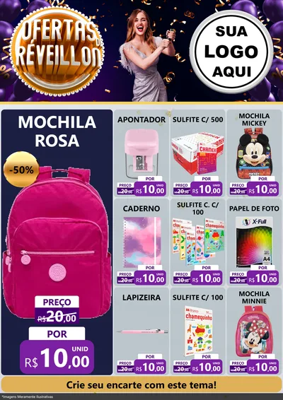 Modelo de Encarte para Encarte A4 Vertical com o tema Ofertas de Réveillon para Papelaria
