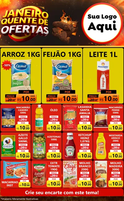 Modelo de Encarte para Encarte Grande com o tema Janeiro Quente de Ofertas para Supermercado