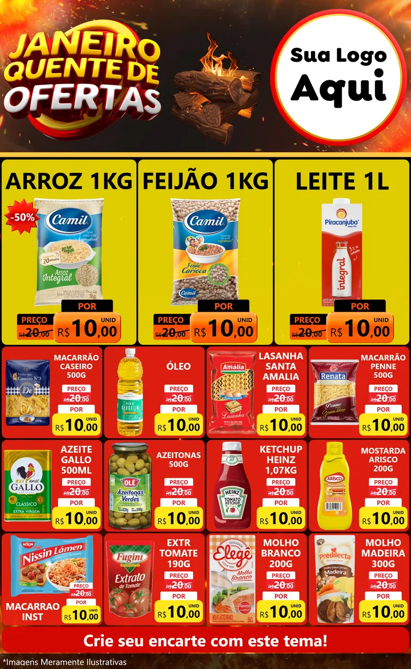 Modelo de Encarte para Encarte Grande com o tema Janeiro Quente de Ofertas para Supermercado