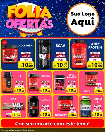 Modelo de Rede Social para Feed Instagram com o tema Folia de Ofertas para Suplementos alimentares