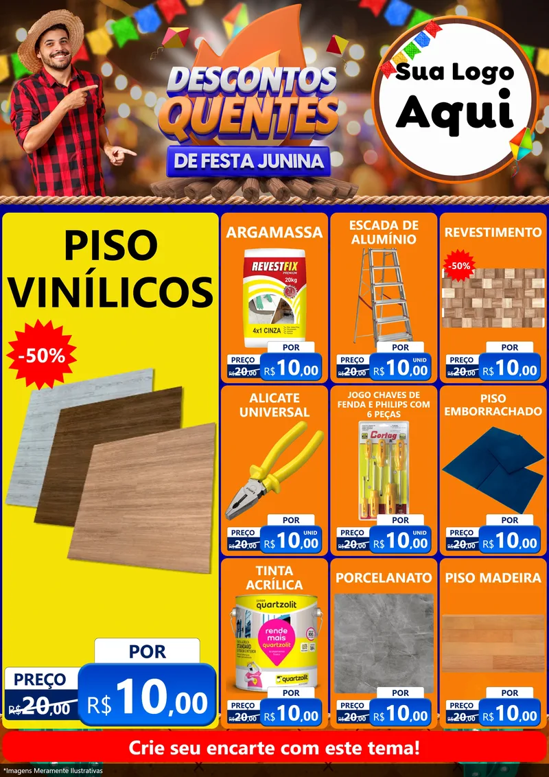 Modelo de Encarte para Encarte A4 Vertical com o tema Descontos Quentes de Festa Junina para Material para Construção