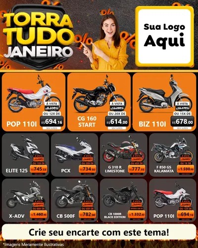 Modelo de Rede Social para Feed Instagram com o tema Torra Tudo Janeiro para Concessionaria de Motos