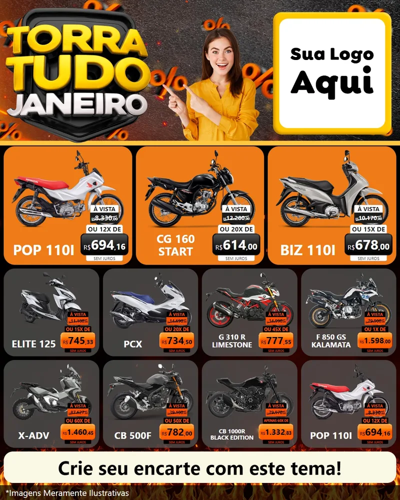 Modelo de Rede Social para Feed Instagram com o tema Torra Tudo Janeiro para Concessionaria de Motos