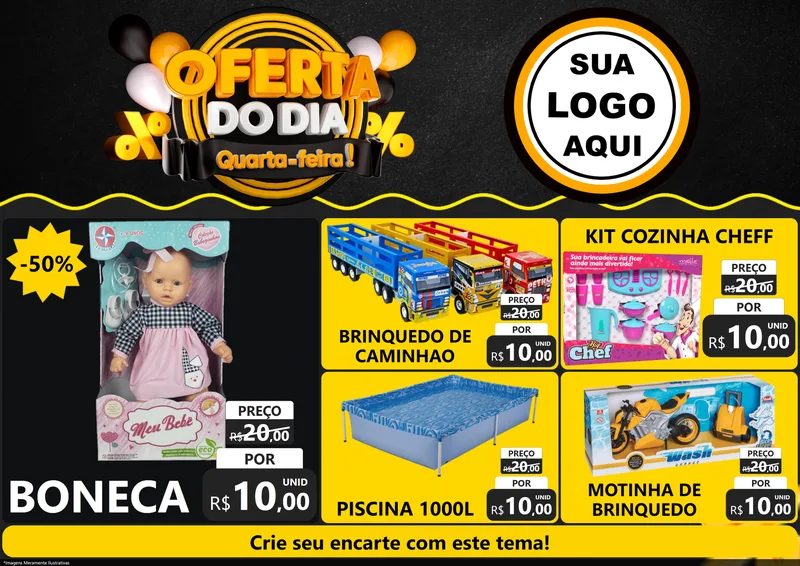 Modelo de Encarte para Encarte A4 Horizontal com o tema Oferta do Dia - Quarta Feira! para Brinquedos
