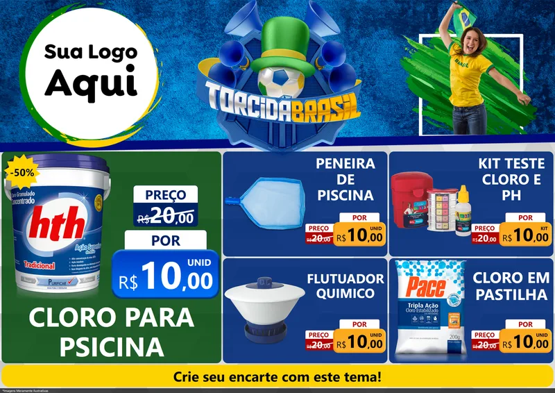 Modelo de Encarte para Encarte A4 Horizontal com o tema Torcida Brasil - Copa para Produtos para Piscina