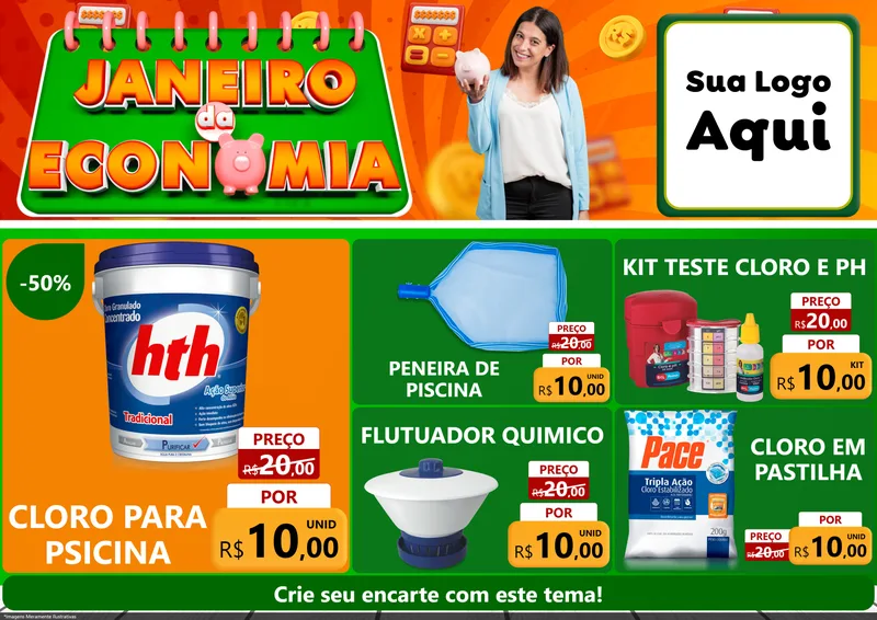 Modelo de Encarte para Encarte A4 Horizontal com o tema Janeiro da Economia para Produtos para Piscina