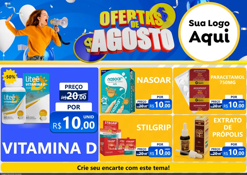 Modelo de Encarte para Encarte A4 Horizontal com o tema Ofertas de Agosto para Farmácia