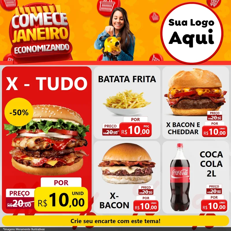 Modelo de Rede Social para Feed Facebook com o tema Comece Janeiro Economizando para Hamburgueria