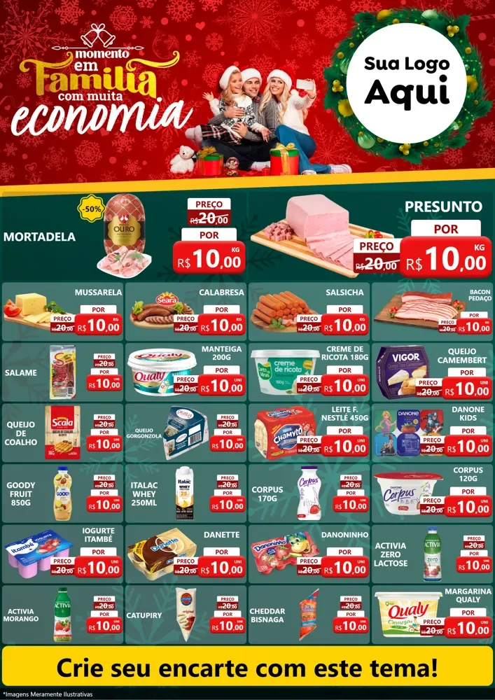 Modelo de Encarte para Encarte A4 Vertical com o tema Momento em Família (Natal) para Frios e Laticínios