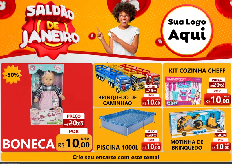 Modelo de Encarte para Encarte A4 Horizontal com o tema Saldão de Janeiro para Brinquedos