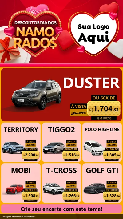 Modelo de Rede Social para Stories com o tema Descontos Dia dos Namorados para Concessionaria de Carros