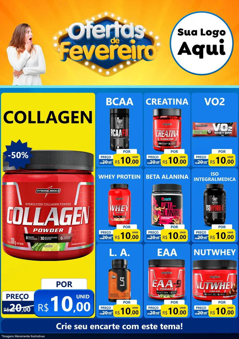 Modelo de Encarte para Encarte A4 Vertical com o tema Ofertas de Fevereiro para Suplementos alimentares