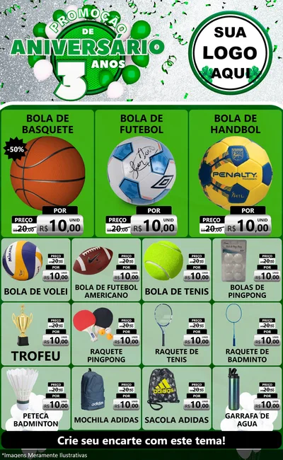 Modelo de Encarte para Encarte Grande com o tema Promoção de Aniversário - 3 Anos para Artigos Esportivos