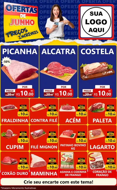 Modelo de Encarte para Encarte Grande com o tema Ofertas de Junho - Preços Incríveis para Açougue