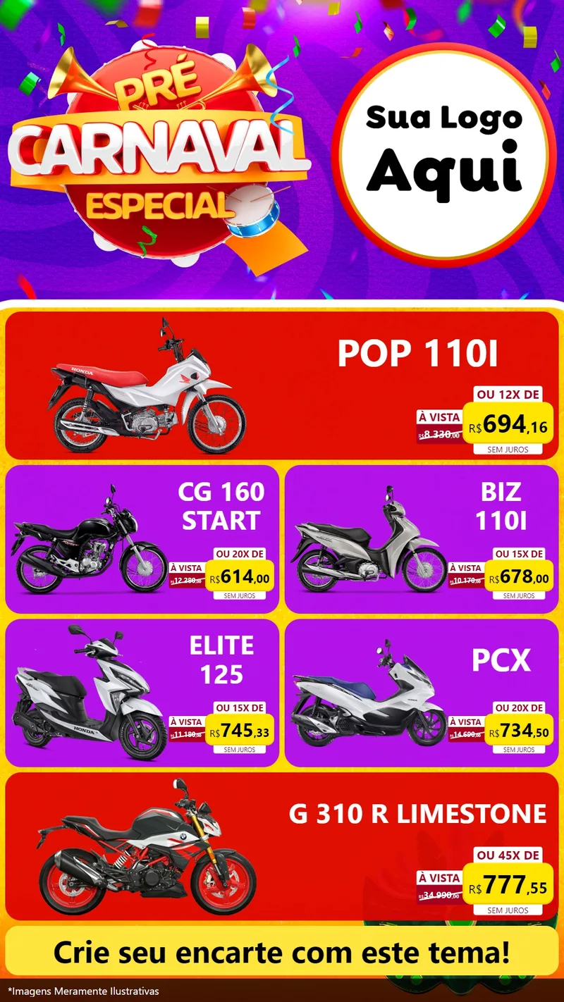 Modelo de TV para TV Vertical com o tema Pré-Carnaval Especial para Concessionaria de Motos