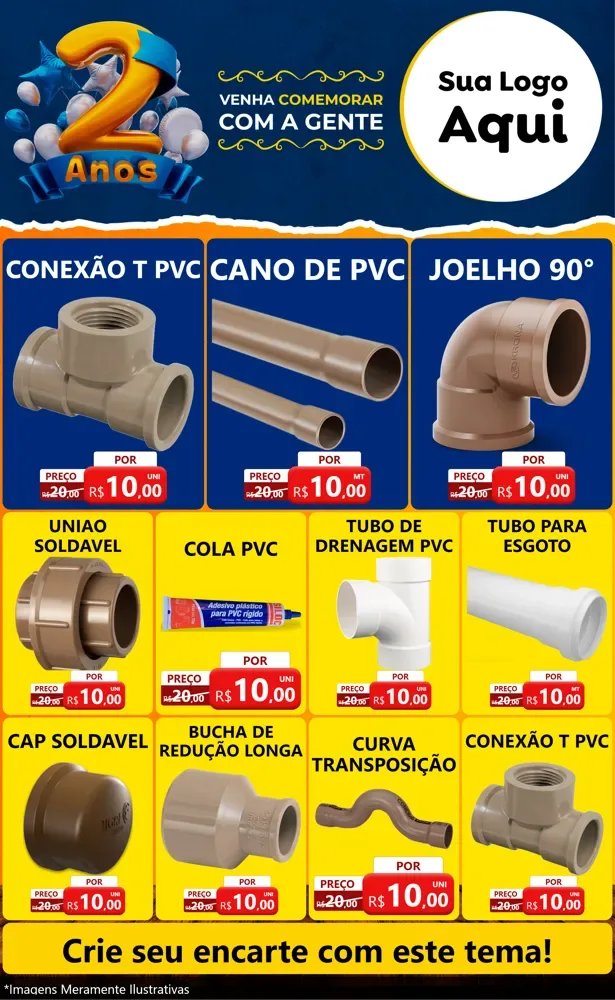 Modelo de Encarte para Encarte Grande com o tema Aniversário de 2 anos para Tubos e conexões