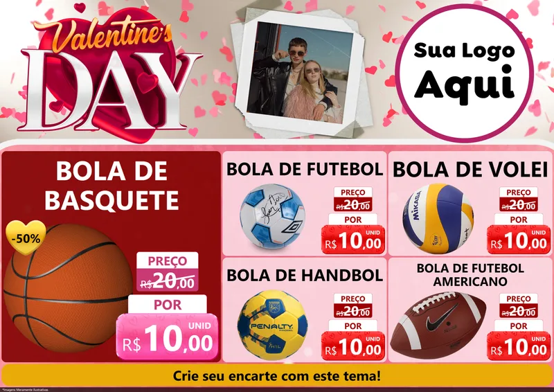 Modelo de Encarte para Encarte A4 Horizontal com o tema Valentine's Day para Artigos Esportivos