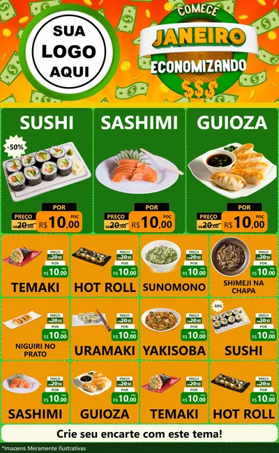Modelo de Encarte para Encarte Grande com o tema Comece Janeiro Economizando para Comida japonesa