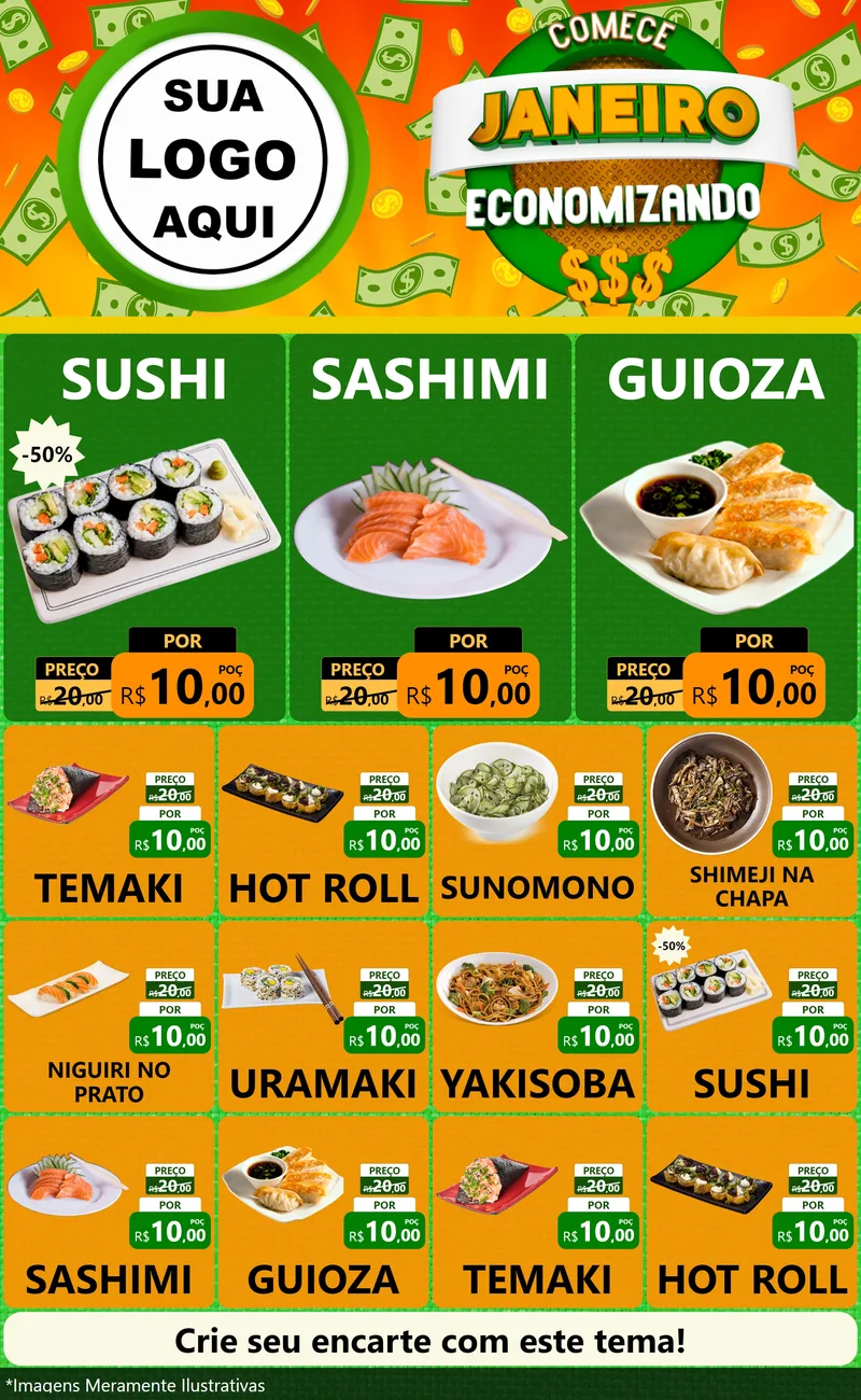 Modelo de Encarte para Encarte Grande com o tema Comece Janeiro Economizando para Comida japonesa