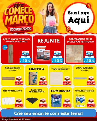 Modelo de Rede Social para Feed Instagram com o tema Comece Março Economizando para Pisos e revestimentos