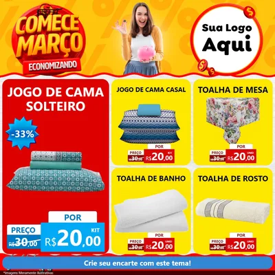 Modelo de Rede Social para Feed Facebook com o tema Comece Março Economizando para Cama, Mesa e Banho