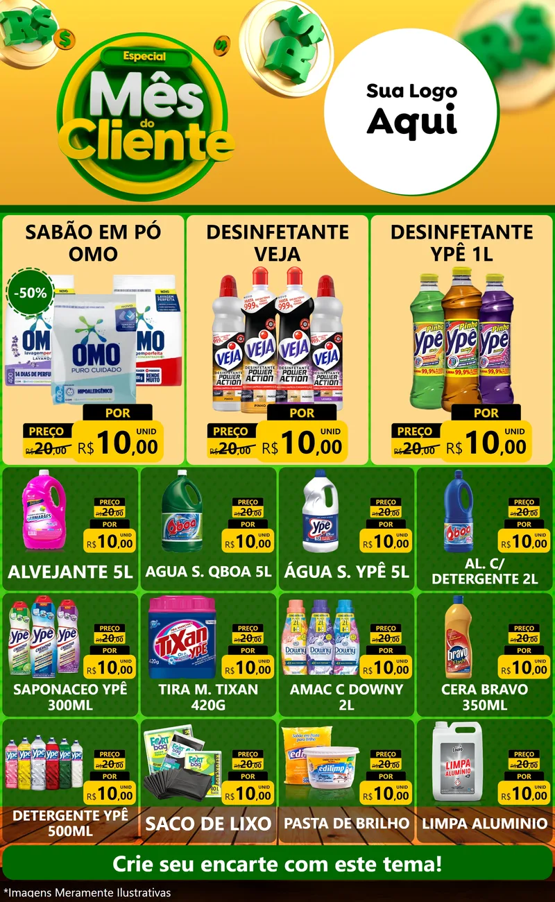 Modelo de Encarte para Encarte Grande com o tema Especial Mês do Cliente para Produtos de Limpeza