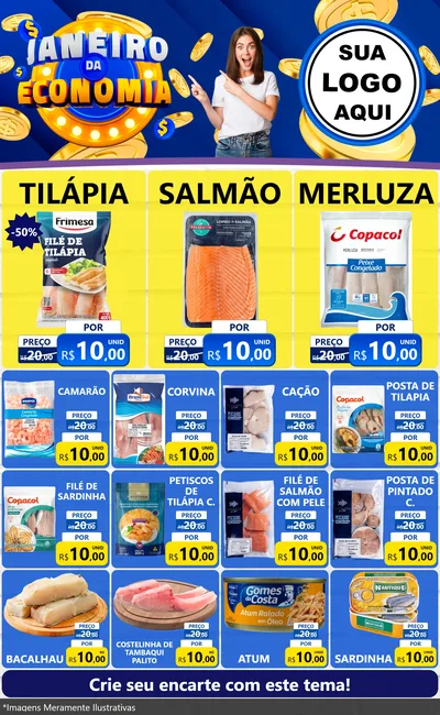 Modelo de Encarte para Encarte Grande com o tema Janeiro da Economia para Peixaria