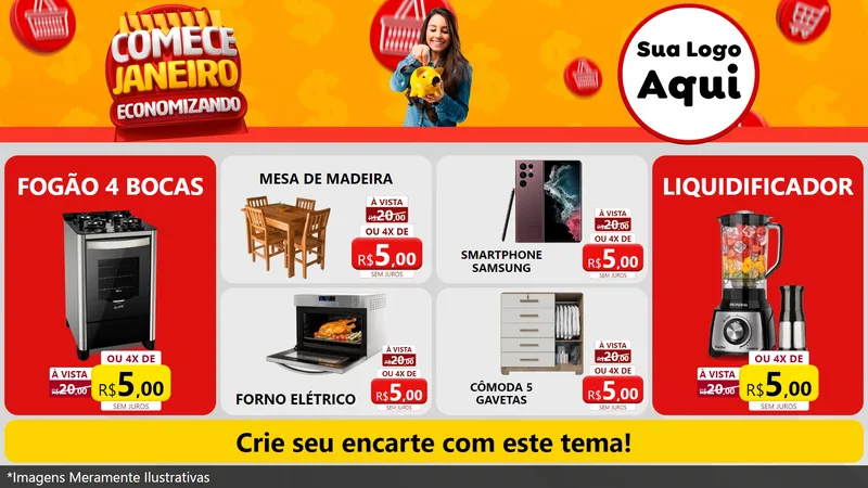 Modelo de TV para TV Horizontal com o tema Comece Janeiro Economizando para Móveis e Eletro