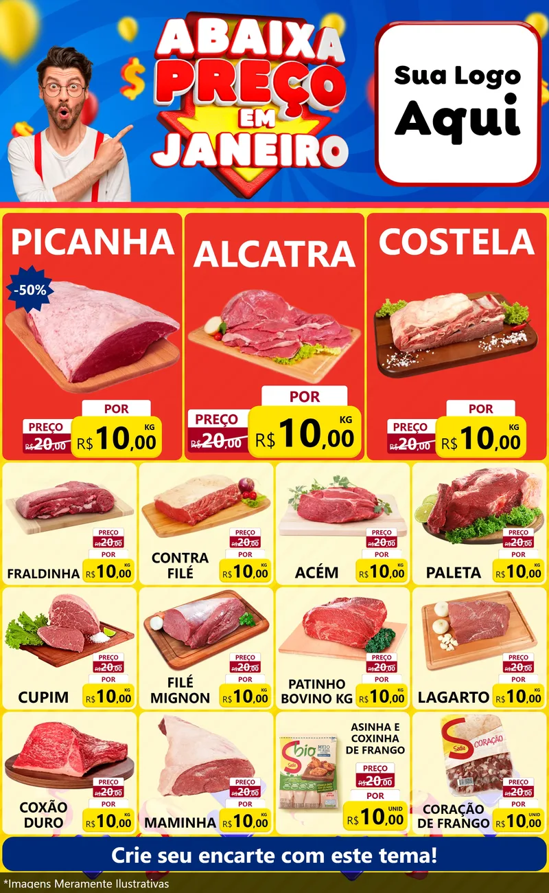 Modelo de Encarte para Encarte Grande com o tema Abaixa Preço em Janeiro para Açougue