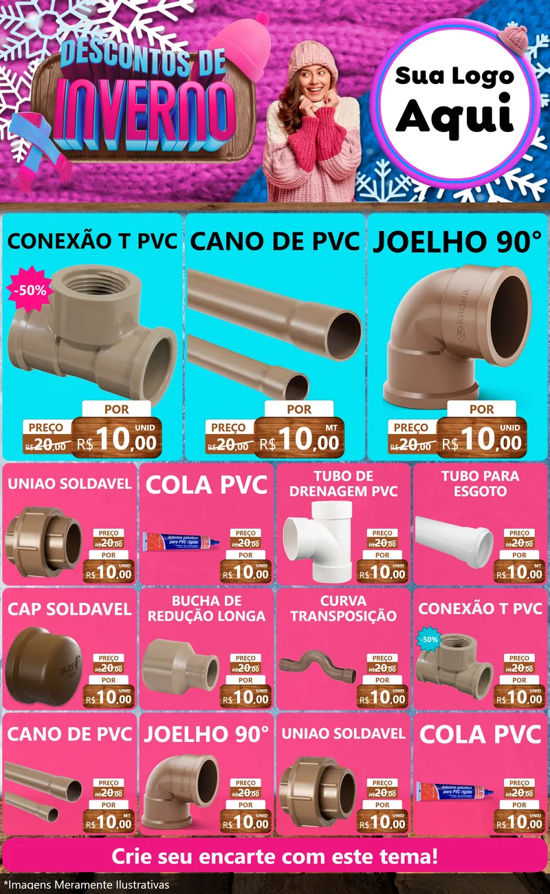 Modelo de Encarte para Encarte Grande com o tema Descontos de Inverno para Tubos e conexões