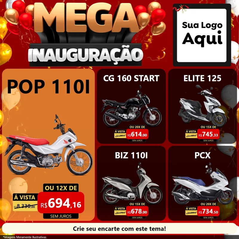 Modelo de Rede Social para Feed Facebook com o tema Mega Inauguração para Concessionaria de Motos