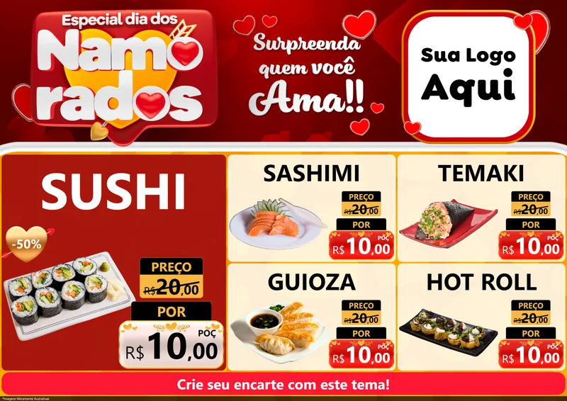 Modelo de Encarte para Encarte A4 Horizontal com o tema Especial Dia dos Namorados para Comida japonesa
