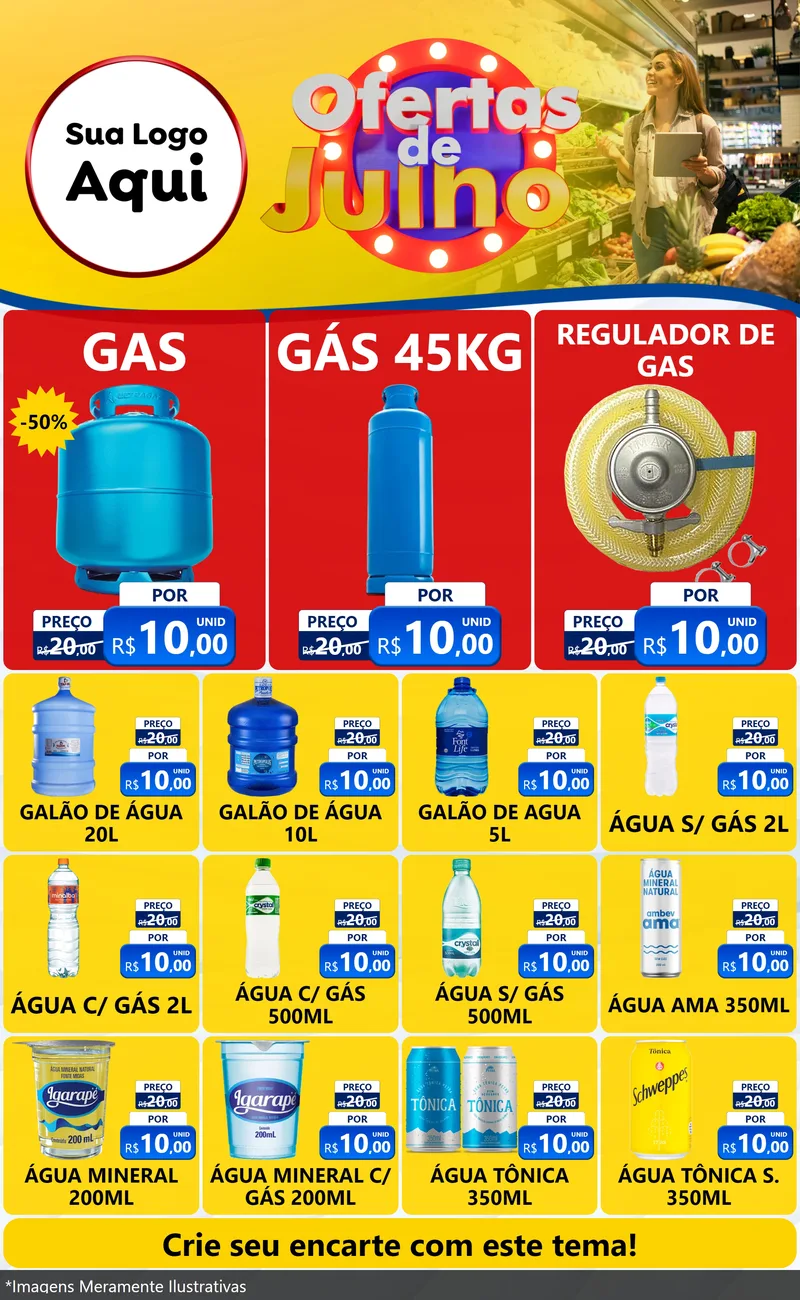 Modelo de Encarte para Encarte Grande com o tema Ofertas de Julho para Água e gás