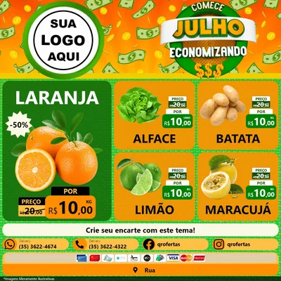 Modelo de Rede Social para Feed Facebook com o tema Comece Julho Economizando para Hortifrúti