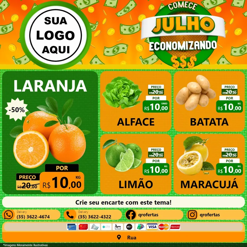 Modelo de Rede Social para Feed Facebook com o tema Comece Julho Economizando para Hortifrúti