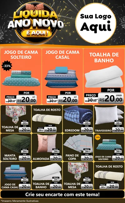 Modelo de Encarte para Encarte Grande com o tema Liquida Ano Novo É Aqui! para Cama, Mesa e Banho