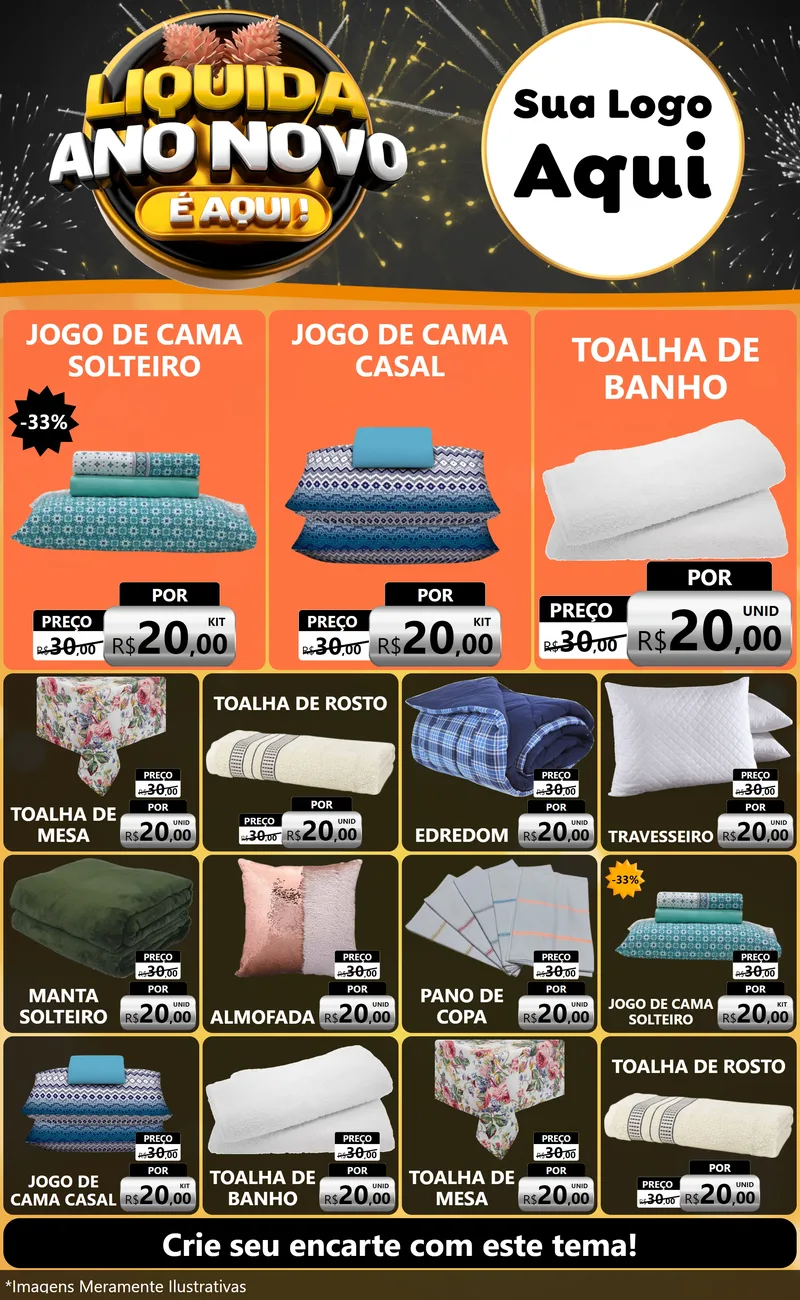 Modelo de Encarte para Encarte Grande com o tema Liquida Ano Novo É Aqui! para Cama, Mesa e Banho